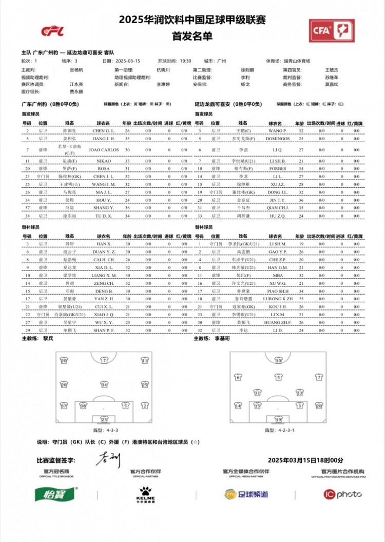  廣州豹vs延邊龍鼎首發(fā)：卡洛斯、羅薩、尼康三外援領(lǐng)銜廣州豹