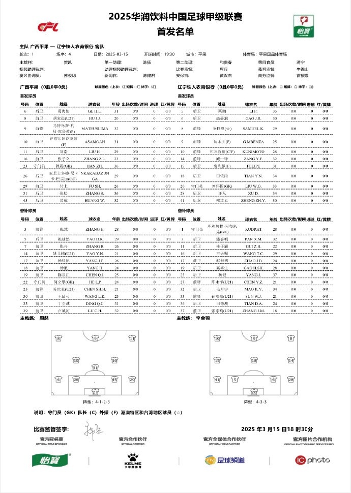  中甲-廣西平果vs遼寧鐵人首發(fā)：三外援對(duì)決三外援，安以恩出戰(zhàn)