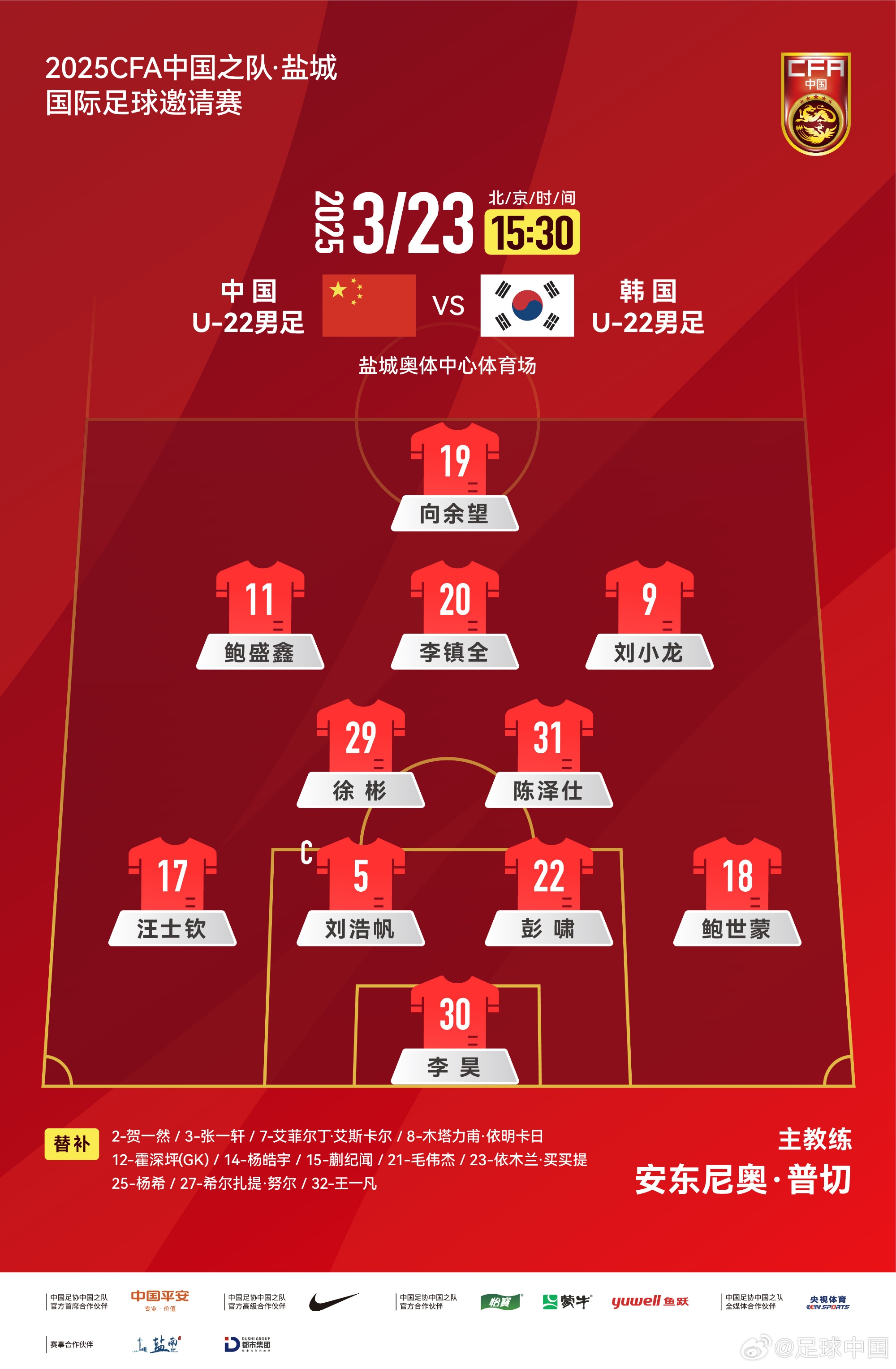  鹽城四國賽，中國U-22男足對陣韓國U-22男足，中國隊首發(fā)陣容
